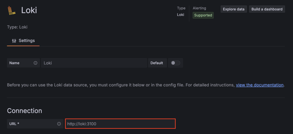 Die Datenquellenkonfigurationsseite für Loki in Grafana