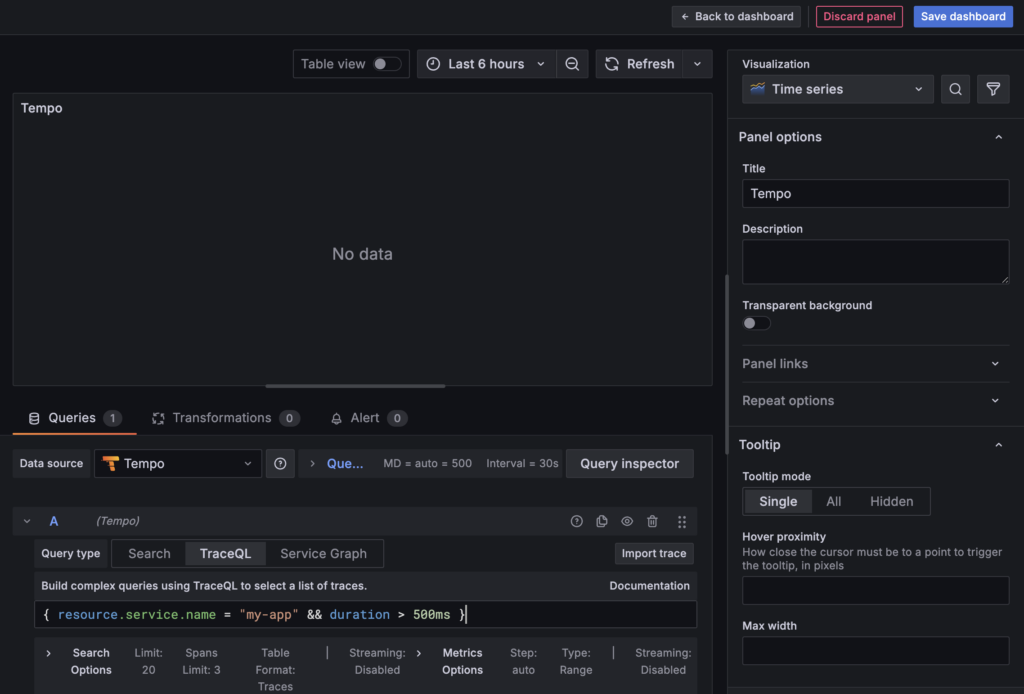 Die Panel-Editor-Seite für Tempo in Grafana