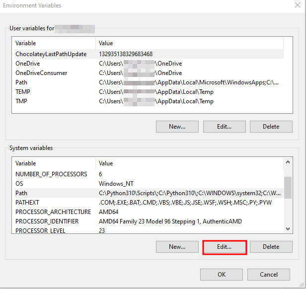 Schaltfläche Bearbeiten in den Windows-Umgebungsvariablen