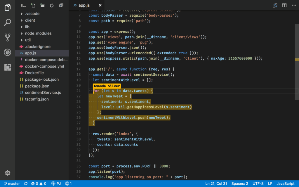 Editorfenster von Visual Studio Code mit JavaScript-Code und einer hervorgehobenen Live-Share-Sitzung mit Amanda Silver