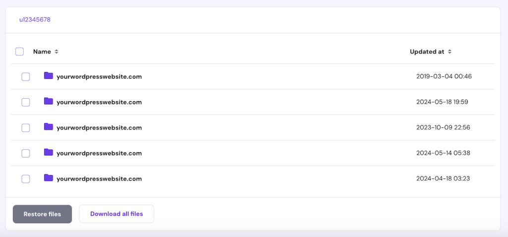 Datei-Backup-Erstellungs-Menü in hPanel