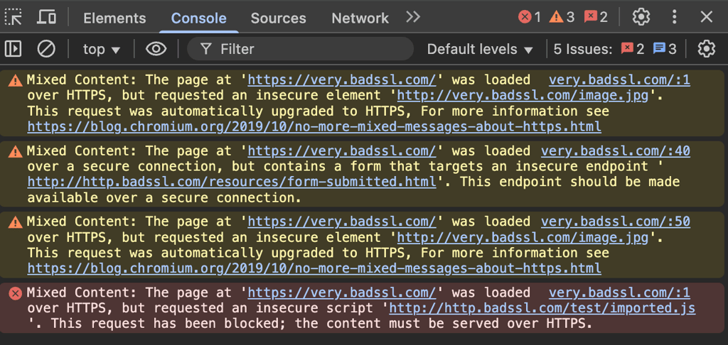 Warnungen zu gemischten Inhalten in der Entwicklerkonsole des Browsers