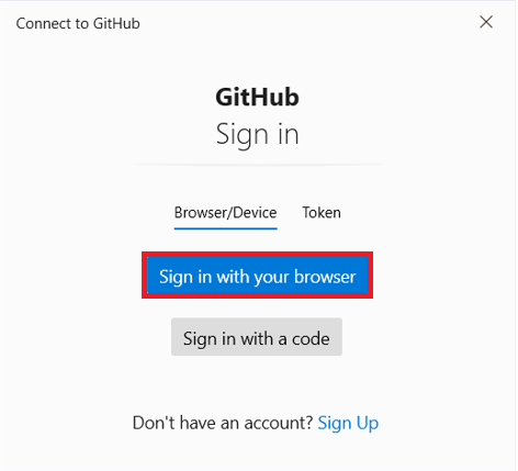 Die Option „Mit Ihrem Browser anmelden“ im Fenster „Mit GitHub verbinden“.