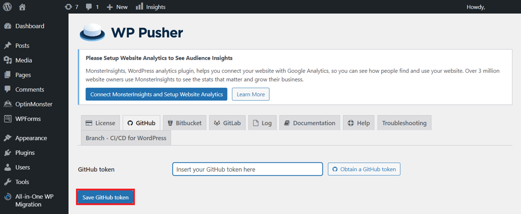 GitHub-Token speichern, um WP Pusher den Zugriff auf Ihr GitHub-Konto zu gewähren
