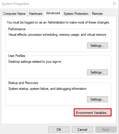 Option Umgebungsvariablen in den Windows-Systemeigenschaften