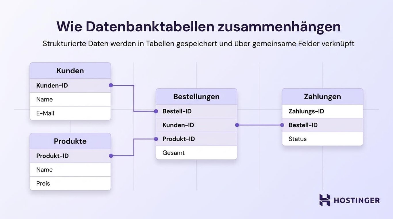 Diagramm, das zeigt, wie die Datenbanktabellen Customers, Products, Orders und Payments über gemeinsame ID-Felder miteinander verknüpft sind.
