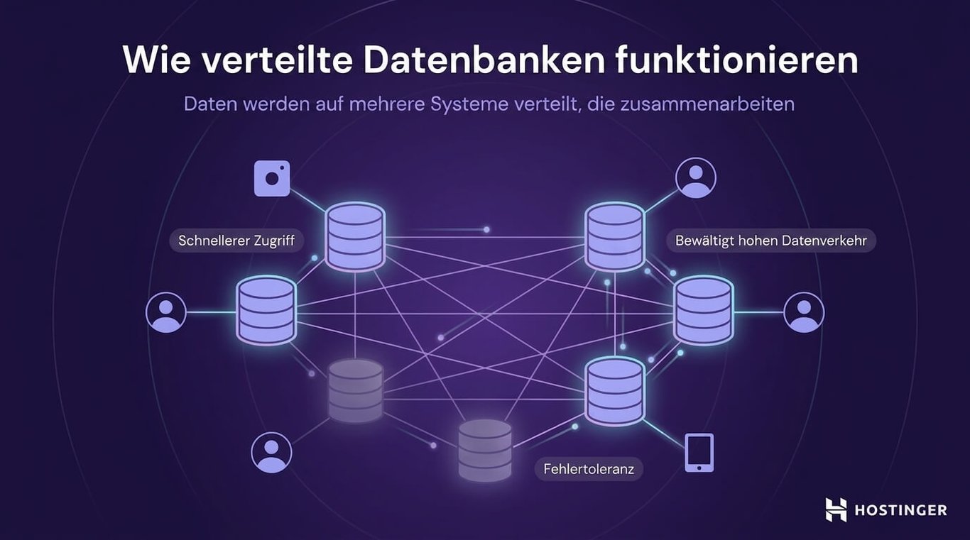 Diagramm, das zeigt, wie verteilte Datenbanken Daten über mehrere Systeme hinweg speichern, um schnelleren Zugriff, Fehlertoleranz und die Bewältigung hohen Datenverkehrs zu ermöglichen.