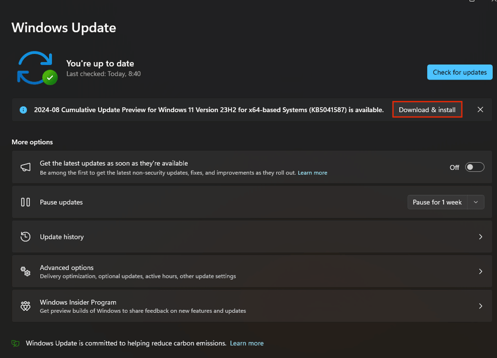 Windows Update mit hervorgehobener Schaltfläche „Herunterladen und installieren“