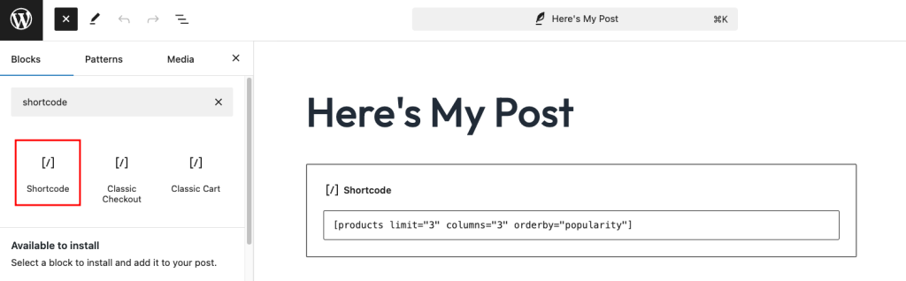 WordPress-Editor, der Shortcode-Block wird hervorgehoben