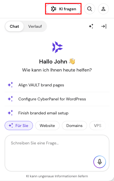 Die Schaltfl&auml;che KI Fragen in hPanel