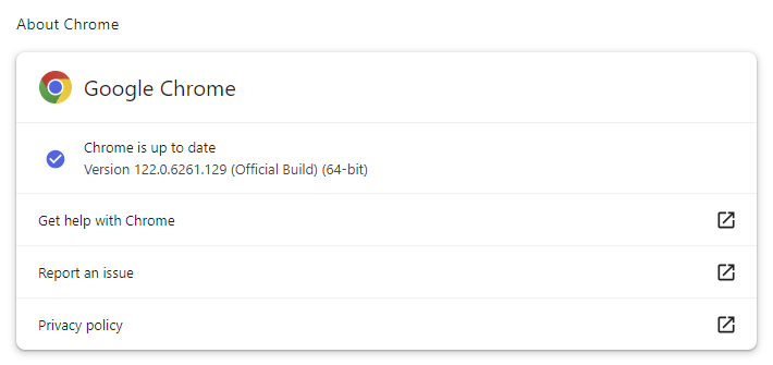 Bereich &bdquo;&Uuml;ber Chrome&ldquo; mit Informationen zur Browserversion