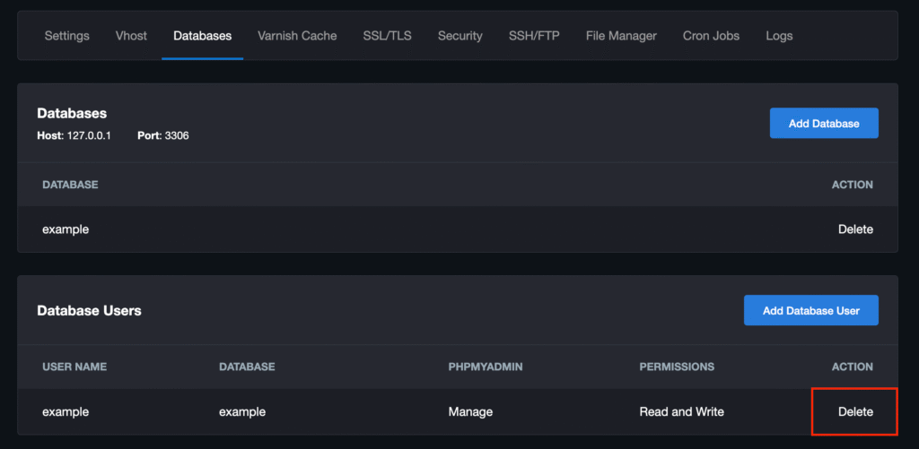 Control Panel des Hosting-Anbieters mit hervorgehobener Option zum Löschen der Datenbank.