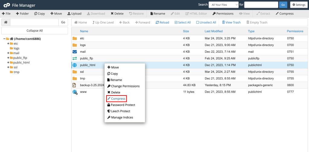 cPanel-Dateimanager: die Komprimierungsoption für den Ordner public_html ist hervorgehoben