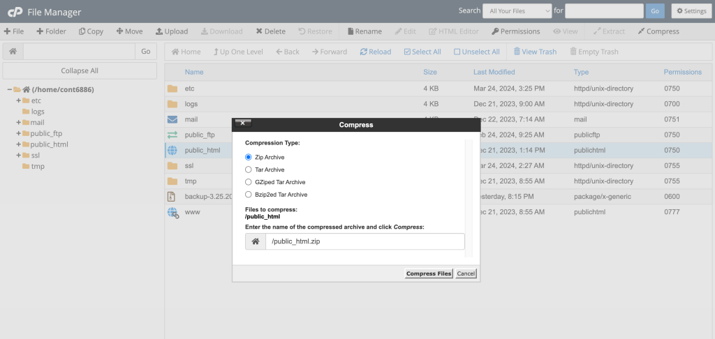 cPanel-Dateimanager public_html-Komprimierungstyp