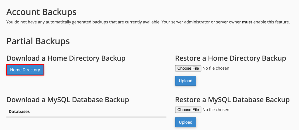 cPanel Teil-Backups "Home-Verzeichnis"-Button ist hervorgehoben