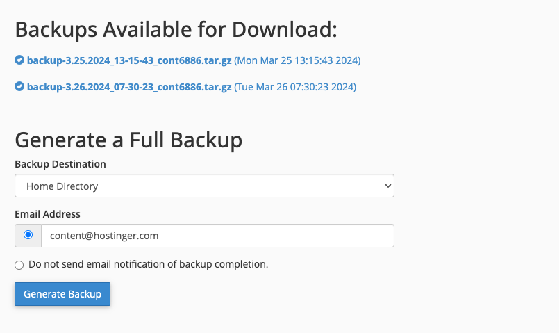 cPanel-Vollsicherung – Sicherungsseite erstellen