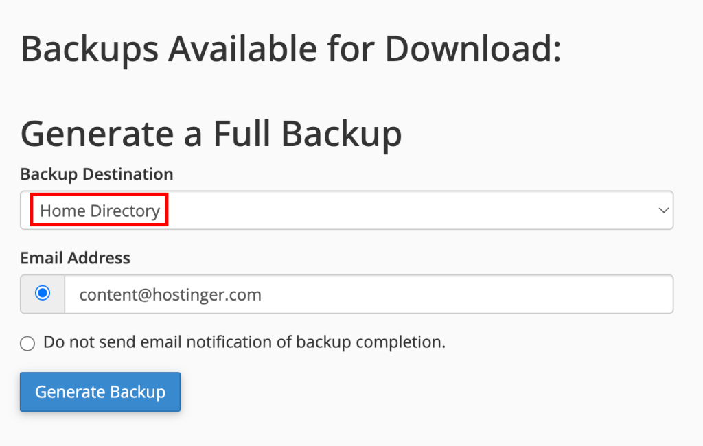 cPanel-Vollsicherung "Home-Verzeichniss" ist hervorgehoben