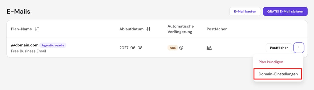 Das Drei-Punkte-Menü neben dem Domainnamen in hPanel mit hervorgehobener Option Domain-Einstellungen