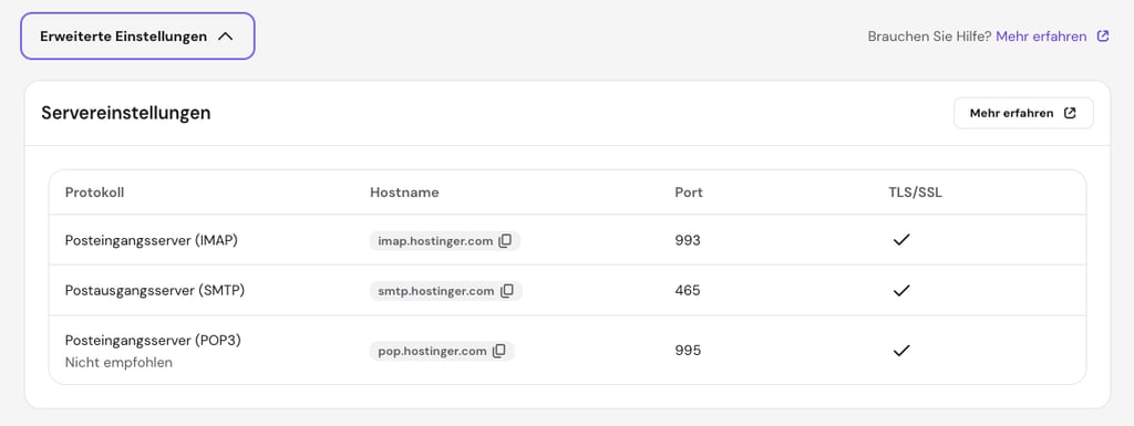 Die Servereinstellungen in hPanel mit hervorgehobenen Daten des Postausgangsservers (SMTP), einschließlich SMTP-Hostname, Port und SSL-/TLS-Unterstützung