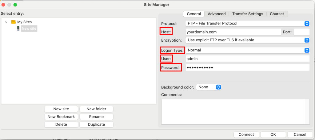 FileZilla – Optionen zur Einrichtung einer neuen Website
