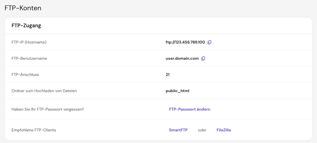 Bereich FTP-Konten im hPanel von Hostinger