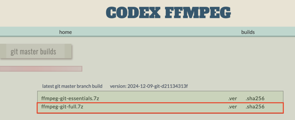 Download der Datei ffmpeg-git-full.7z auf gyan.dev