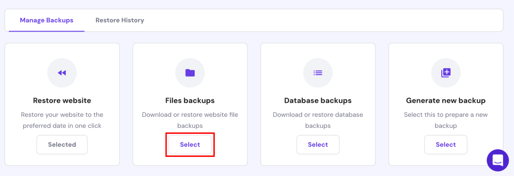 hPanel Datei-Backups mit hervorgehobenen "Auswahl"-Button