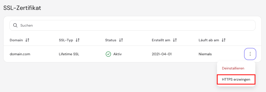 Das SSL-Menü im hPanel mit hervorgehobener Option „HTTPS erzwingen“