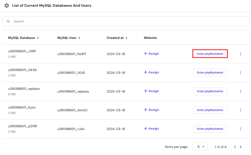 hPanel MySQL-Datenbank "phpMyAdmin eingeben" hervorgehoben