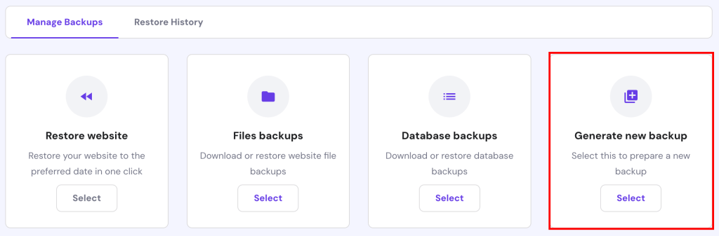 Die "Neues Backup erstellen"-Option unter hPanel