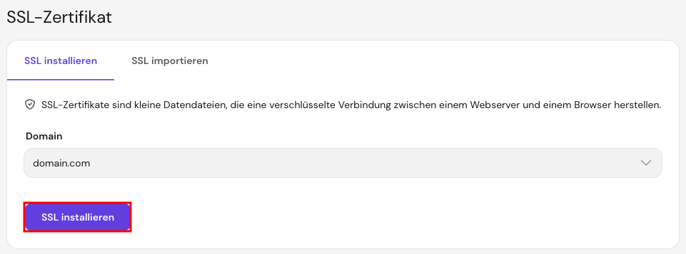 Das SSL-Menü im hPanel mit hervorgehobener Schaltfläche „SSL installieren“