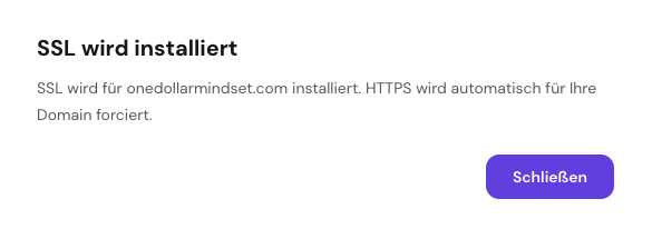 Das Dialogfenster zur Installation des SSL-Zertifikats mit der Schaltfläche „Schließen“