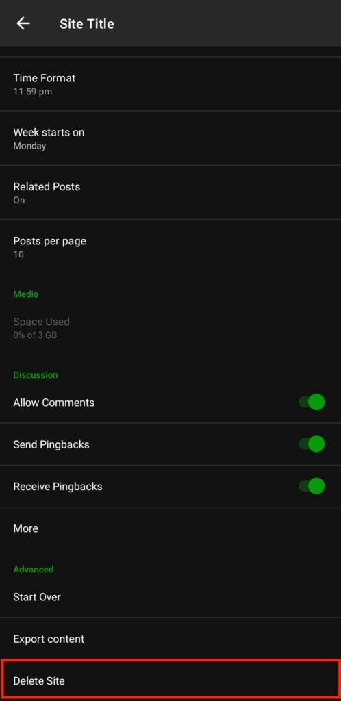 Bildschirm Website-Einstellungen der Jetpack-App mit hervorgehobener Option Website löschen.