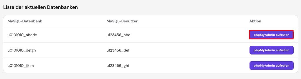 Screenshot des Bereichs Datenbanken in hPanel mit hervorgehobener Schaltfläche phpMyAdmin öffnen.