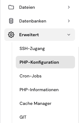 Erweitert-Menü in hPanel mit hervorgehobener PHP-Konfiguration.