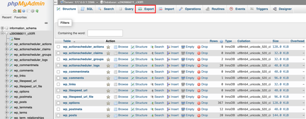 phpMyAdmin "Export"-Button hervorgehoben