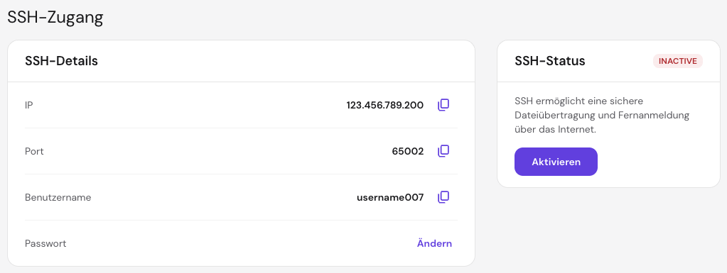 Bereich SSH-Zugriff im hPanel mit aktivem SSH-Status