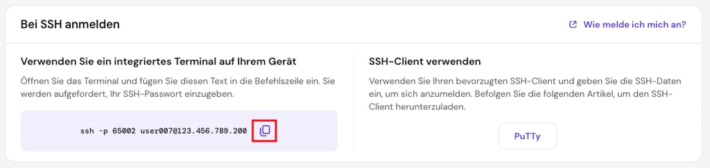 Symbol Kopieren im Fenster Bei SSH anmelden im hPanel