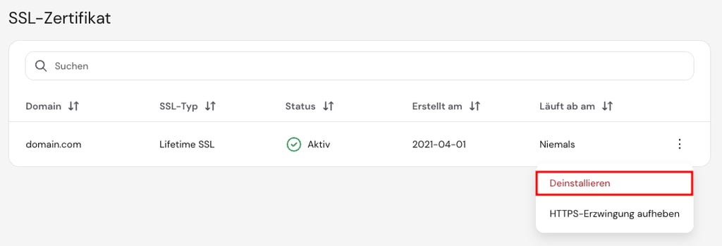 Die Option Deinstallieren auf der Seite SSL-Zertifikat von hPanel