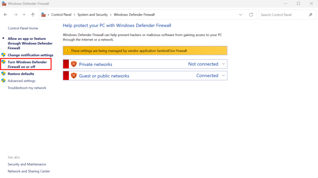 Bereich &bdquo;Windows Defender-Firewall&ldquo; mit hervorgehobener Option zum Aktivieren oder Deaktivieren der Firewall