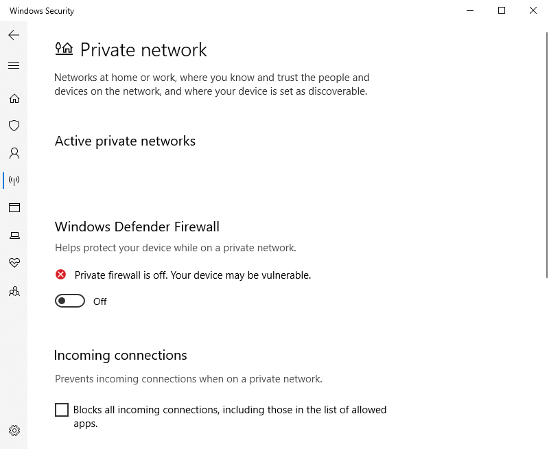 Turning off Windows Defender Firewall