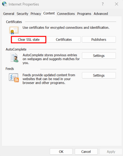 Fenster &bdquo;Internetoptionen&ldquo; in Windows mit hervorgehobener Option &bdquo;SSL-Status l&ouml;schen&ldquo;