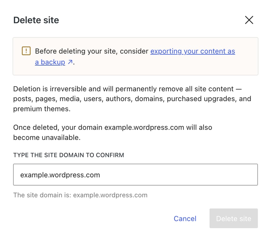 Seite Website-Einstellungen von WordPress.com mit der Schaltfläche Website löschen am unteren Seitenrand.