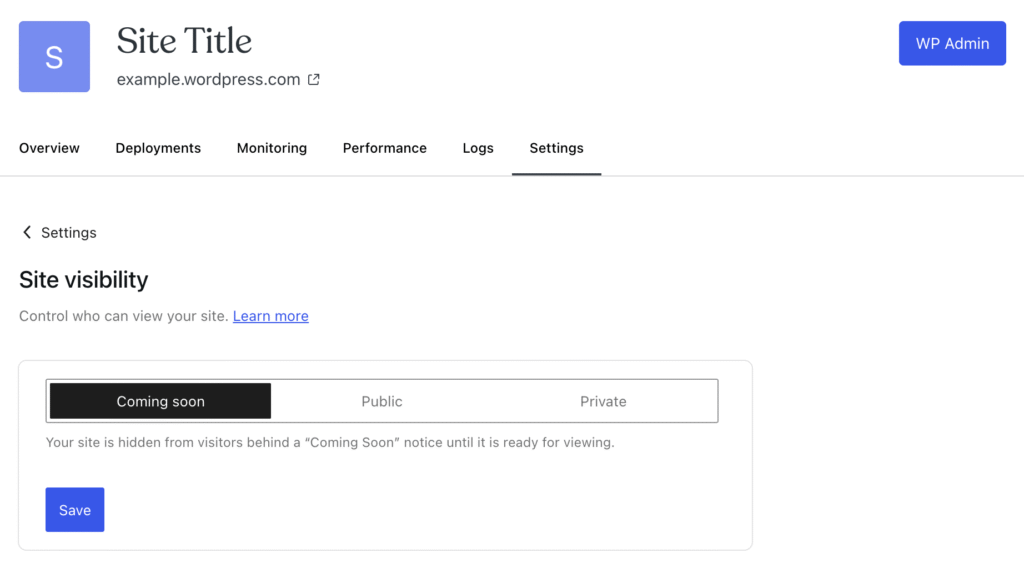 Seite Website-Einstellungen von WordPress.com mit ausgewählter Option In Kürze verfügbar.