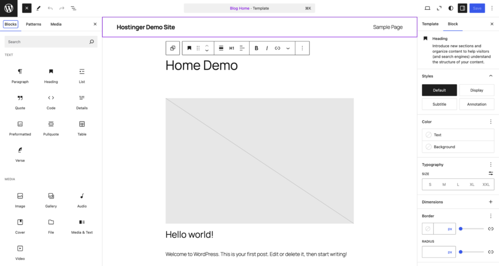 Screenshot der Benutzeroberfläche des WordPress-Site-Editors zur Bearbeitung der Startseite Ihrer Website.