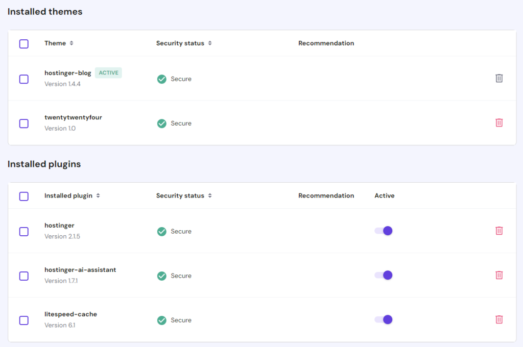 Die Bereiche „Installierte Themes" und „Installierte Plugins" im hPanel