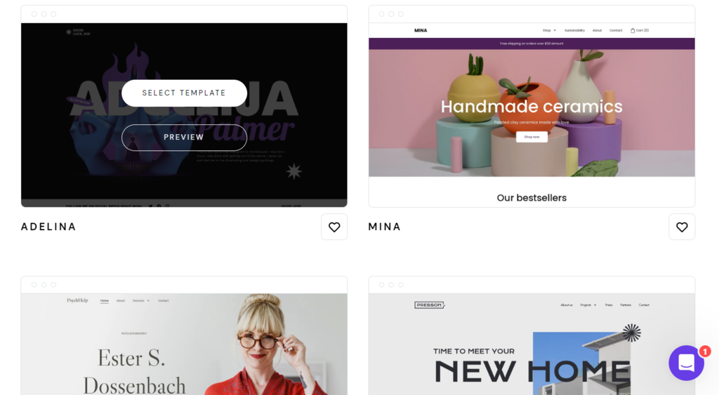 Vorlagenbibliothek des Hostinger Website-Baukastens