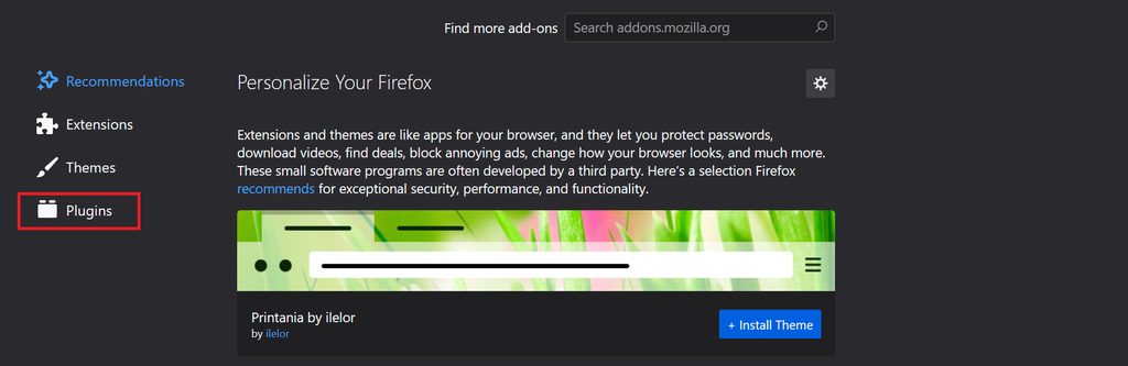 Auswahl von Plugins in Mozilla Firefox.