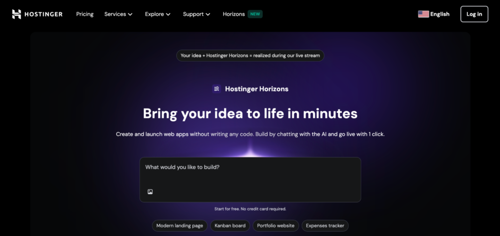 Die Benutzeroberfl&auml;che von Hostinger Horizons fordert Nutzer dazu auf, Webanwendungen durch Interaktion mit KI zu erstellen; sie zeichnet sich durch einen dunkelvioletten Hintergrund und Optionen zur schnellen Auswahl aus.