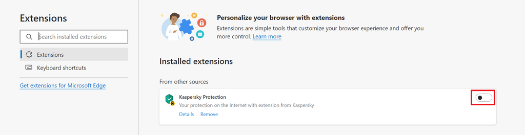 Erweiterungen in Microsoft Edge.